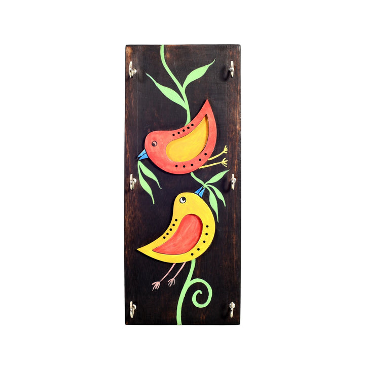 Ini Mini Hand Painted Wooden Key Holder, Vertical Wall Mounted Key Hanger with Twin Bird Design for Homedecor