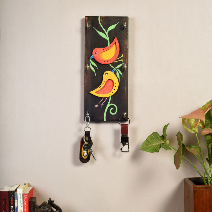 Ini Mini Hand Painted Wooden Key Holder, Vertical Wall Mounted Key Hanger with Twin Bird Design for Homedecor