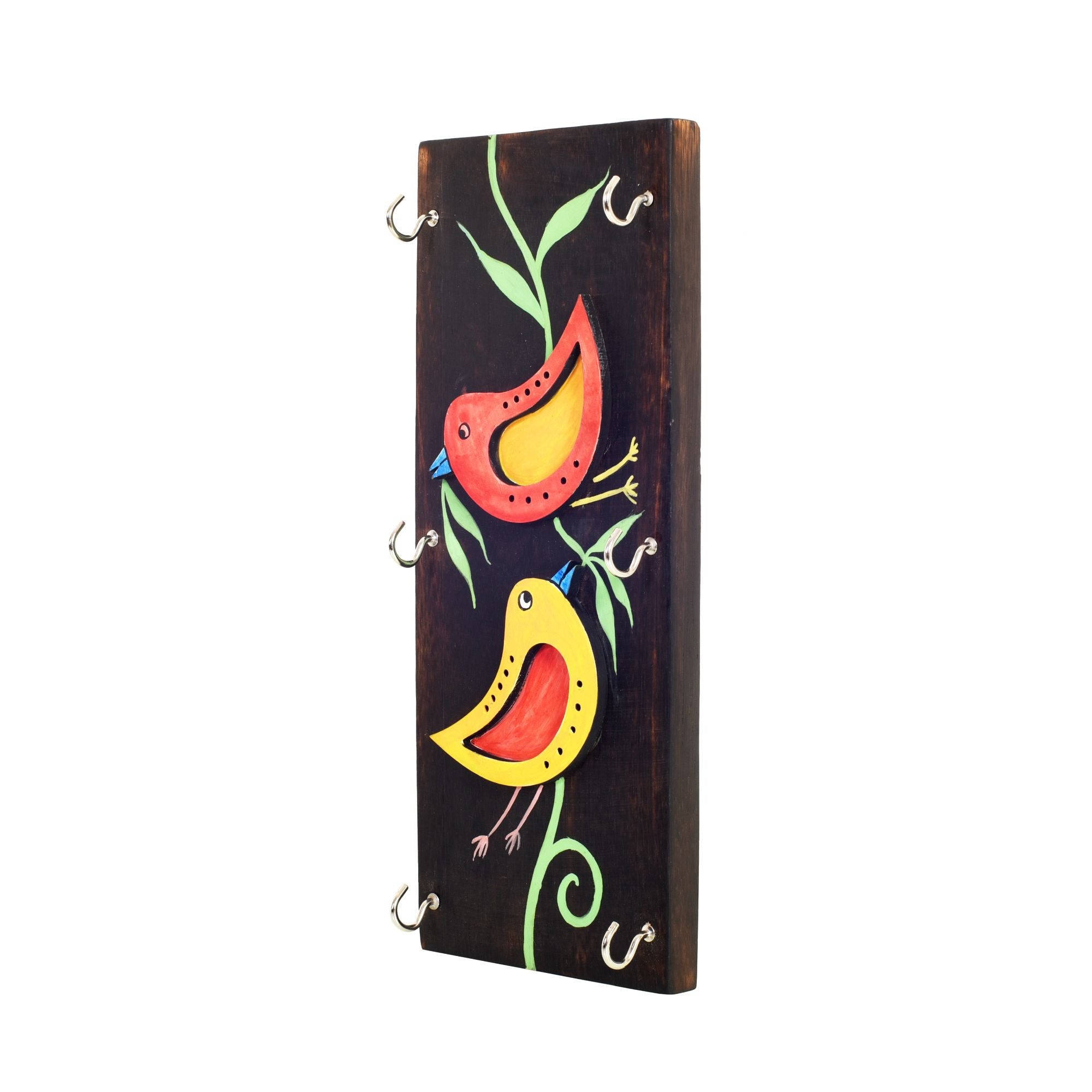 Ini Mini Hand Painted Wooden Key Holder, Vertical Wall Mounted Key Hanger with Twin Bird Design for Homedecor