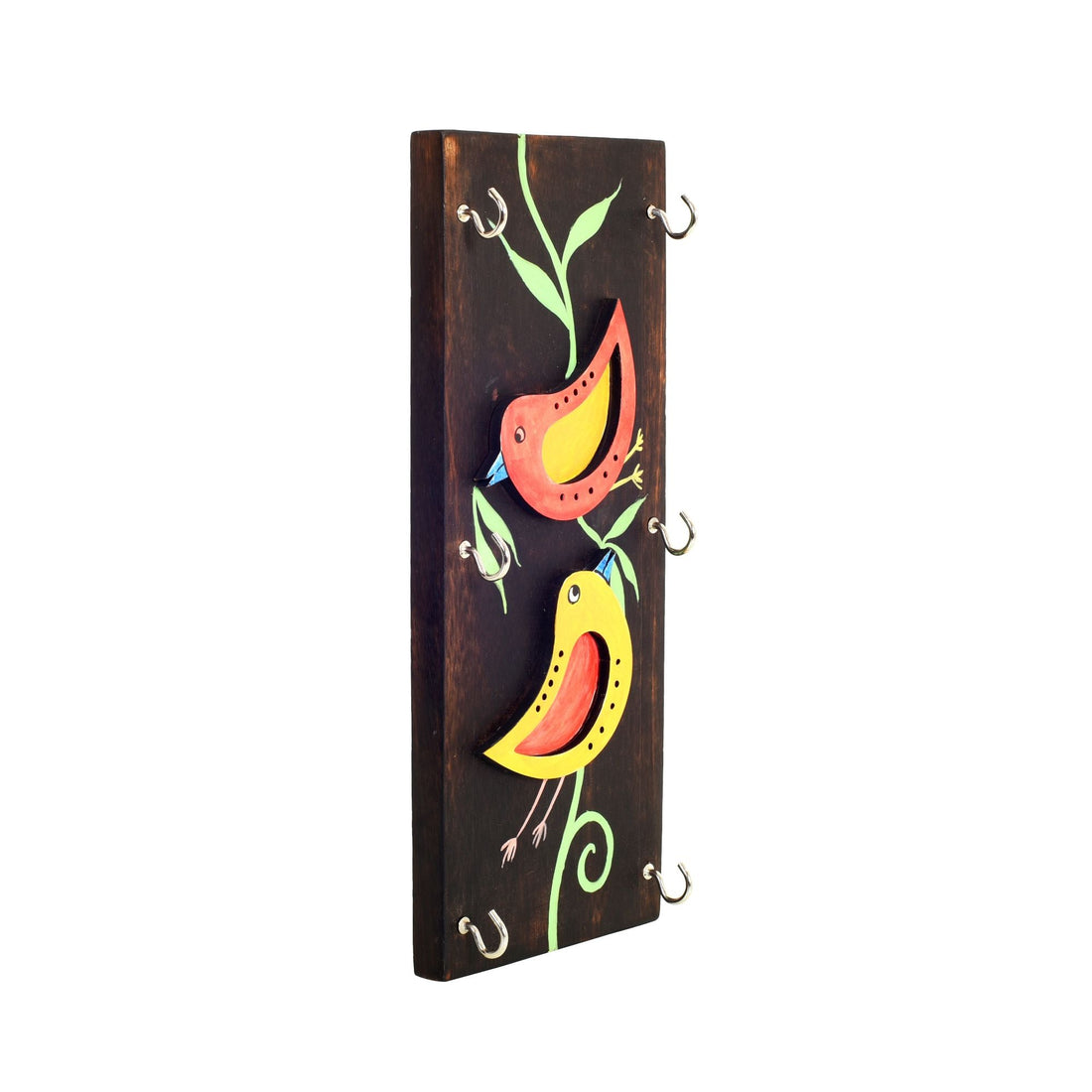 Ini Mini Hand Painted Wooden Key Holder, Vertical Wall Mounted Key Hanger with Twin Bird Design for Homedecor