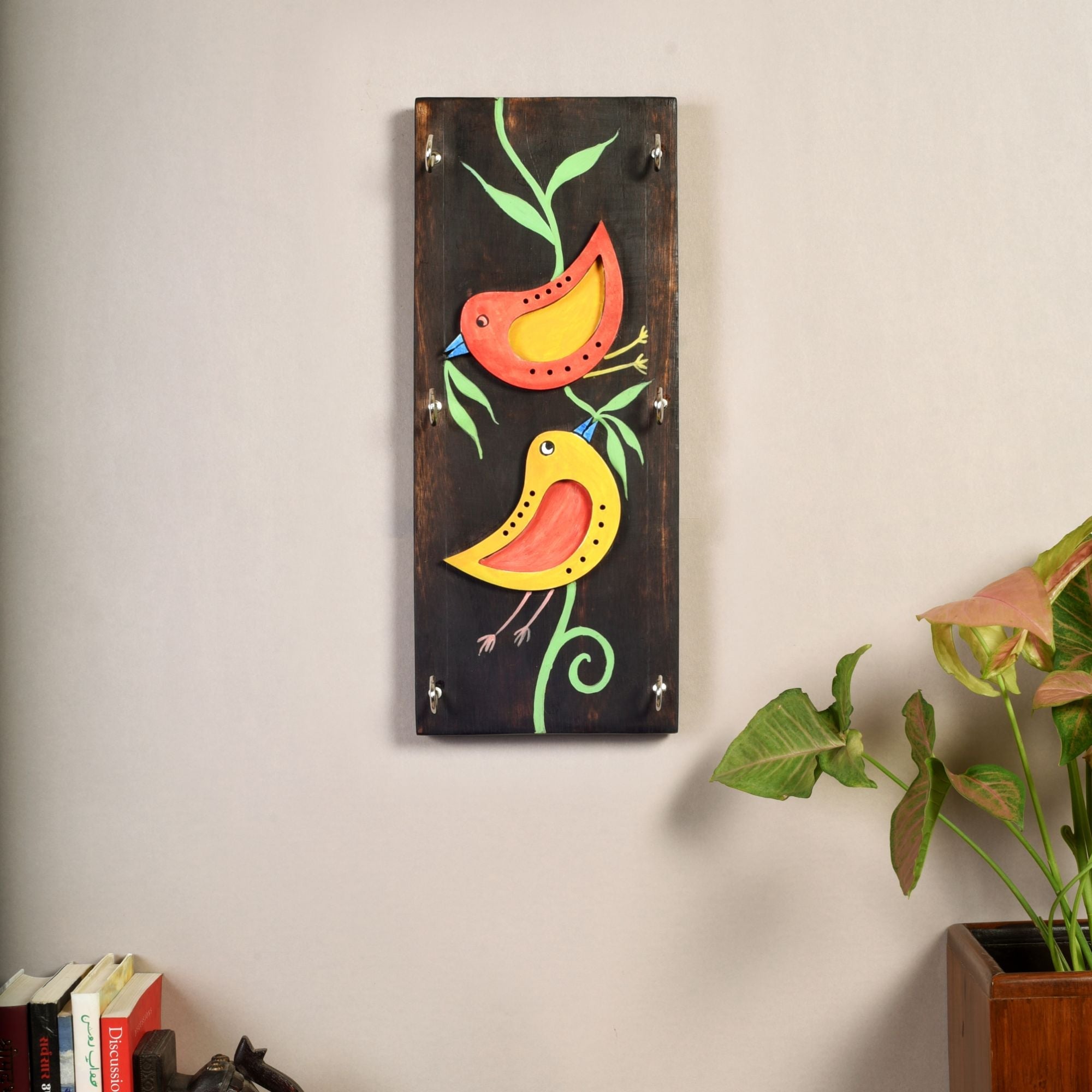 Ini Mini Hand Painted Wooden Key Holder, Vertical Wall Mounted Key Hanger with Twin Bird Design for Homedecor