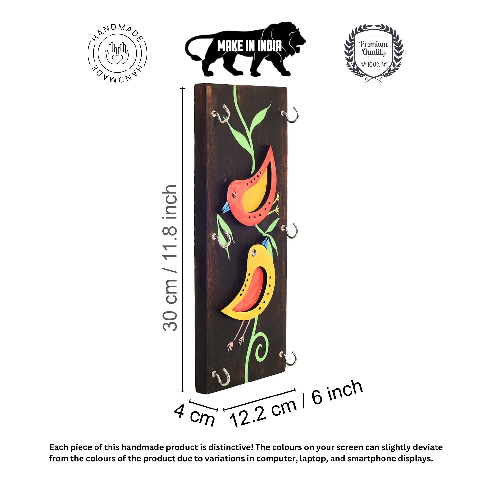Ini Mini Hand Painted Wooden Key Holder, Vertical Wall Mounted Key Hanger with Twin Bird Design for Homedecor
