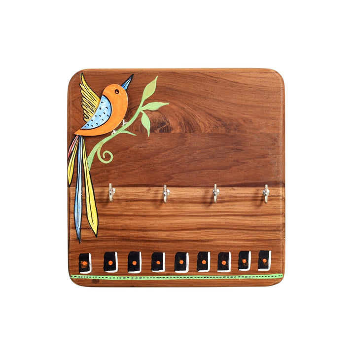 Kyoku Hand Painted Wooden Key Holder, Wall Mounted Key Hanger with Colorful Bird Art for Home and Entrywaydecor