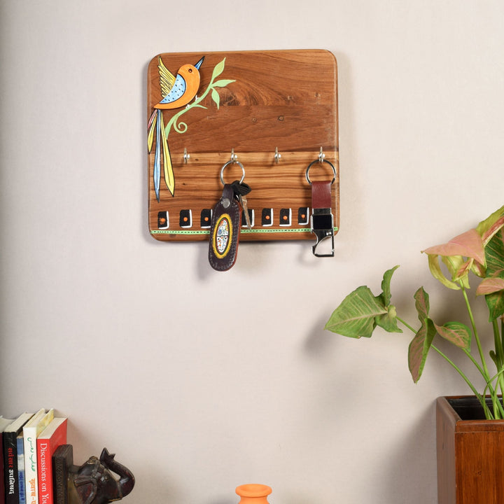 Kyoku Hand Painted Wooden Key Holder, Wall Mounted Key Hanger with Colorful Bird Art for Home and Entrywaydecor