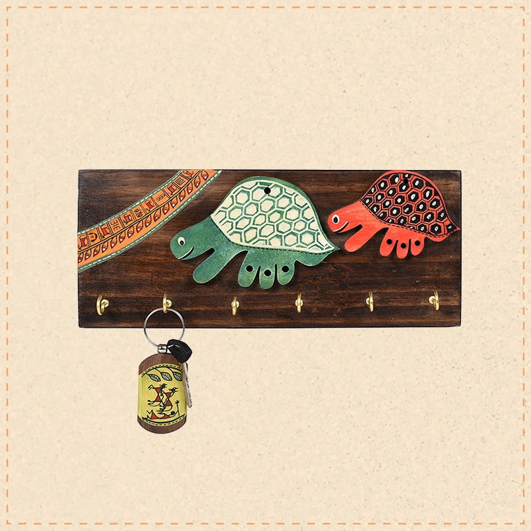 Key Holder Handcrafted Tribal Art Turtle 6 Keys (12x2x4.7)