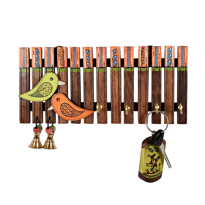 Key Holder Handcrafted Tribal Art Wooden Strips & birds 4 keys (9x1.4x5.4)