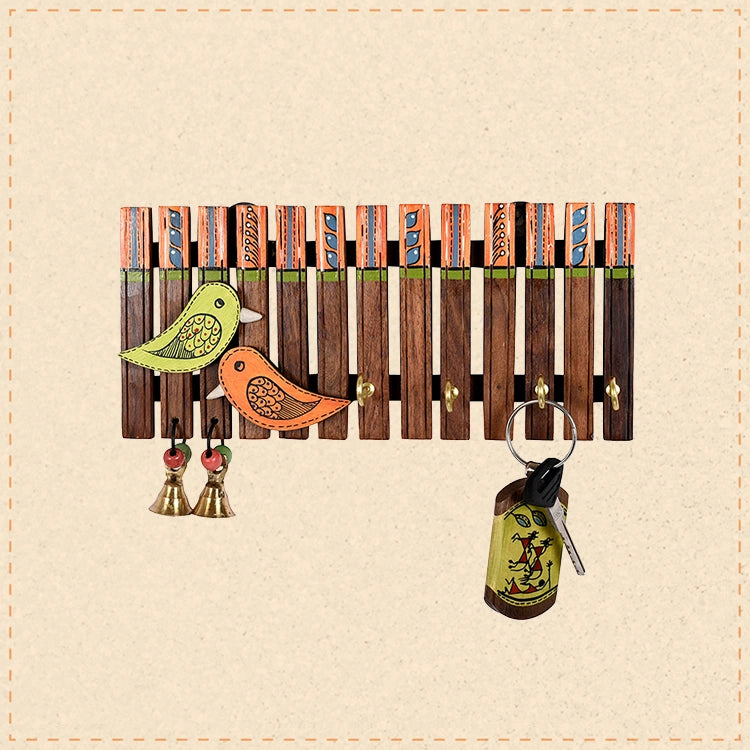 Key Holder Handcrafted Tribal Art Wooden Strips & birds 4 keys (9x1.4x5.4)