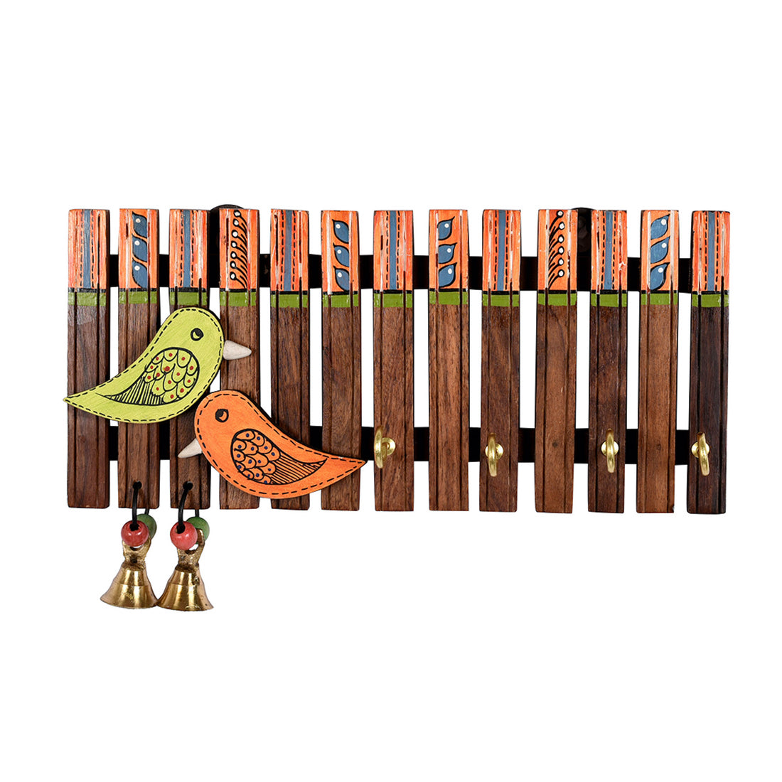 Key Holder Handcrafted Tribal Art Wooden Strips & birds 4 keys (9x1.4x5.4)