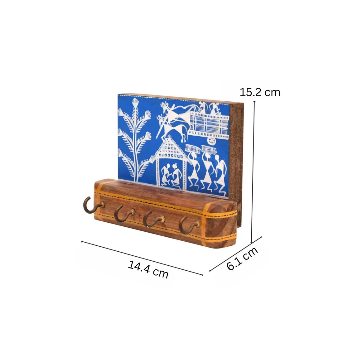 Blue Key Hanger with 4 Hooks adorned with Warli motifs (5.7x2.4x4.3)