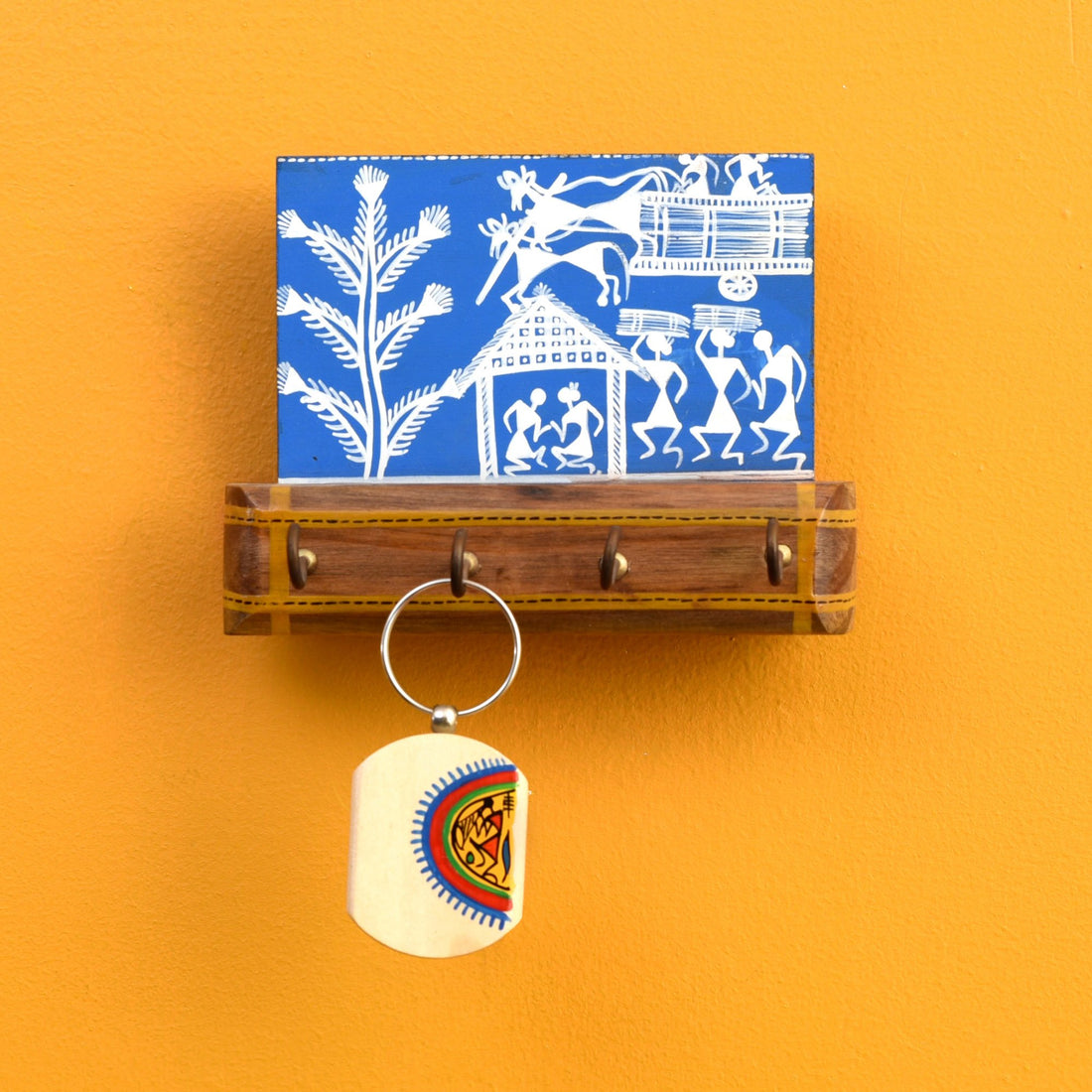 Blue Key Hanger with 4 Hooks adorned with Warli motifs (5.7x2.4x4.3)