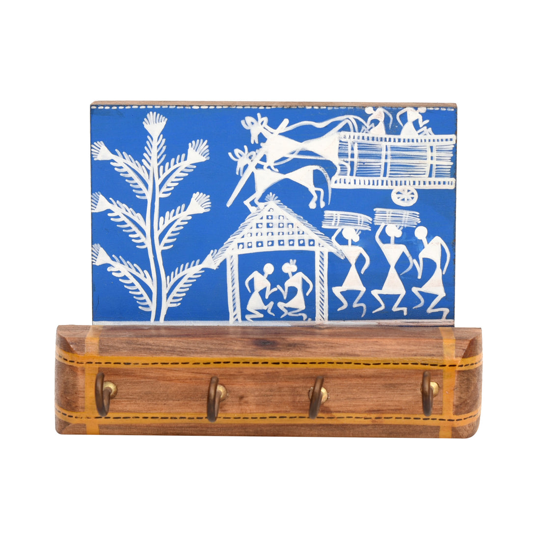 Blue Key Hanger with 4 Hooks adorned with Warli motifs (5.7x2.4x4.3)