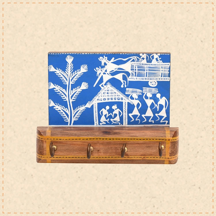 Blue Key Hanger with 4 Hooks adorned with Warli motifs (5.7x2.4x4.3)