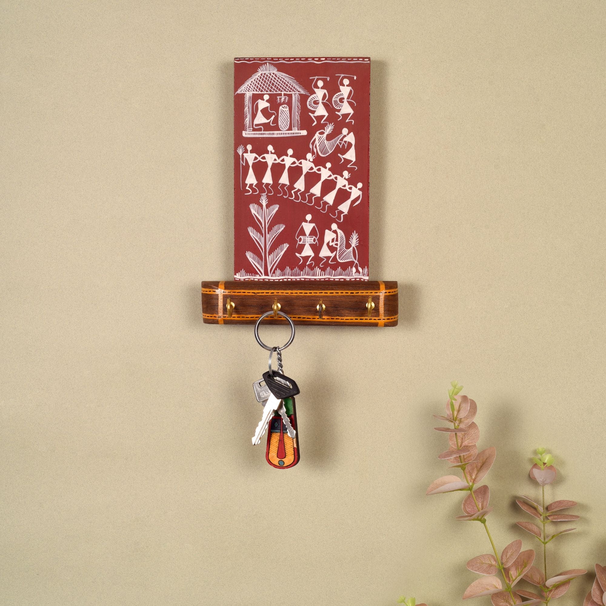 Warli Melody Key Holder In Red (6x2.5x8)