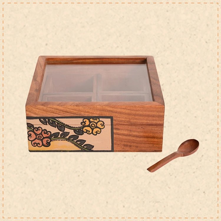Spice Box Handcrafted Tribal Art 4 Slot Wooden with Spoon (6x6x2)