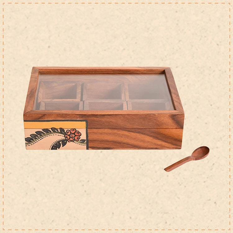 Spice Box Handcrafted Tribal Art 6 slot Wooden with Spoon (8x6x2)