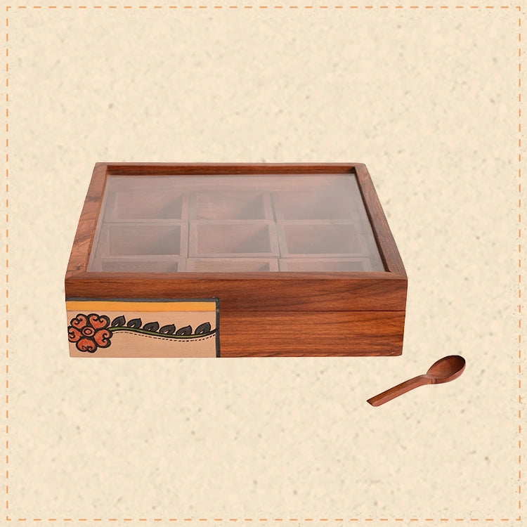 Spice Box Handcrafted Tribal Art 9 Slot Wooden with Spoon (8x8x2)