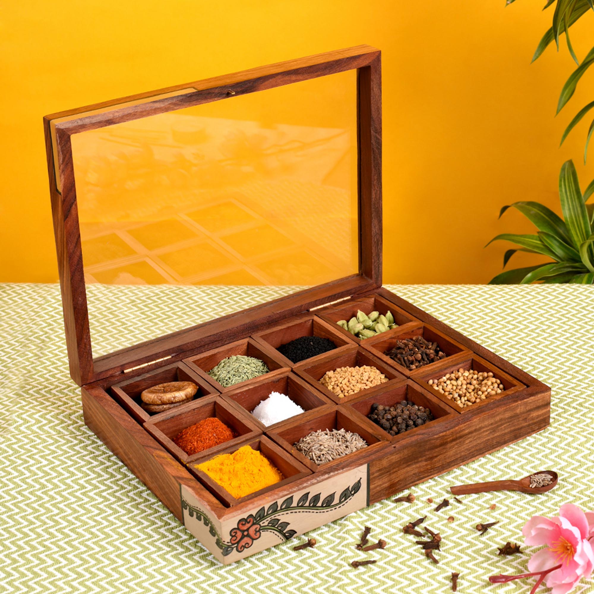 Spice Box Handcrafted Tribal Art 12 Slot Wooden with Spoon (10.5x8x2)