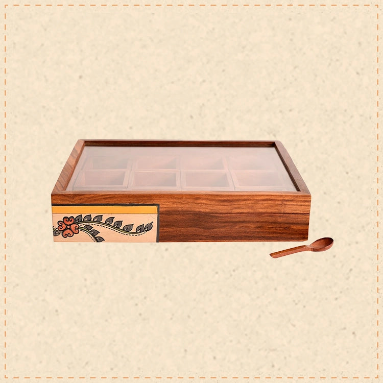 Spice Box Handcrafted Tribal Art 12 Slot Wooden with Spoon (10.5x8x2)