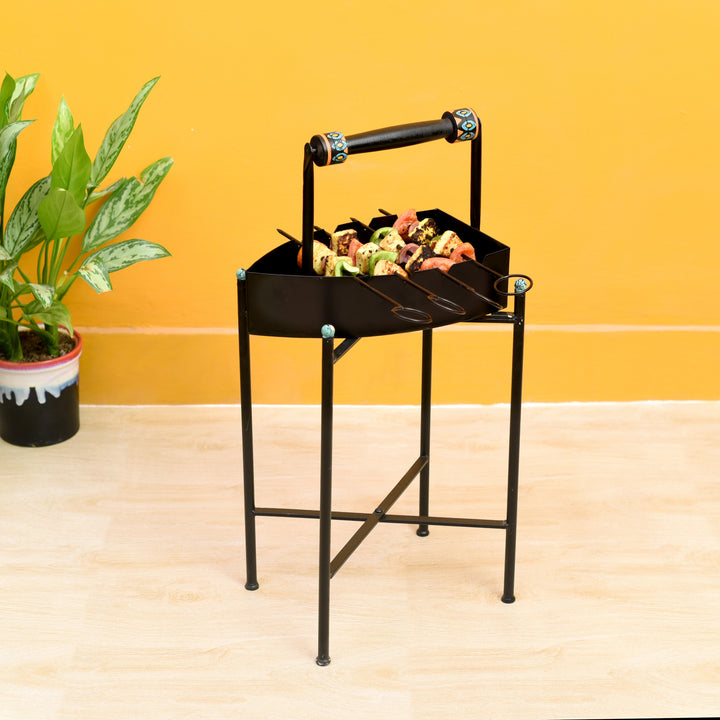 Stylish Steam Iron Bar-B-Que with Skewers on Cross Folding Metal Stand (12x12x24)