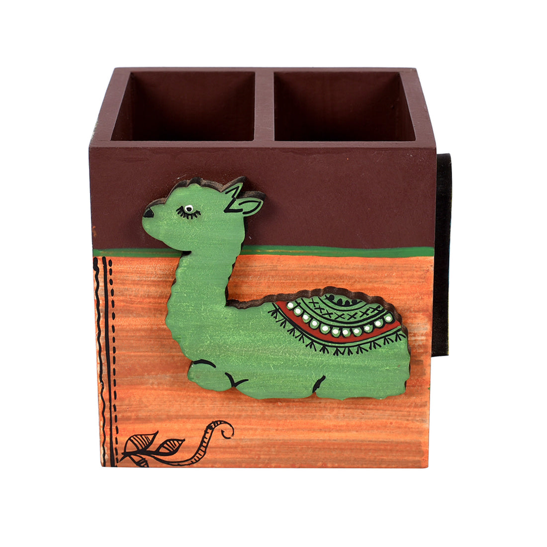 Pen Holder Handcrafted Tribal Art Wooden Alpaca Motif (4.2x3.6x4)