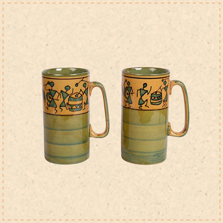 Mug Ceramic Yellow Warli (Set of 2) (5x3.75x3.1)
