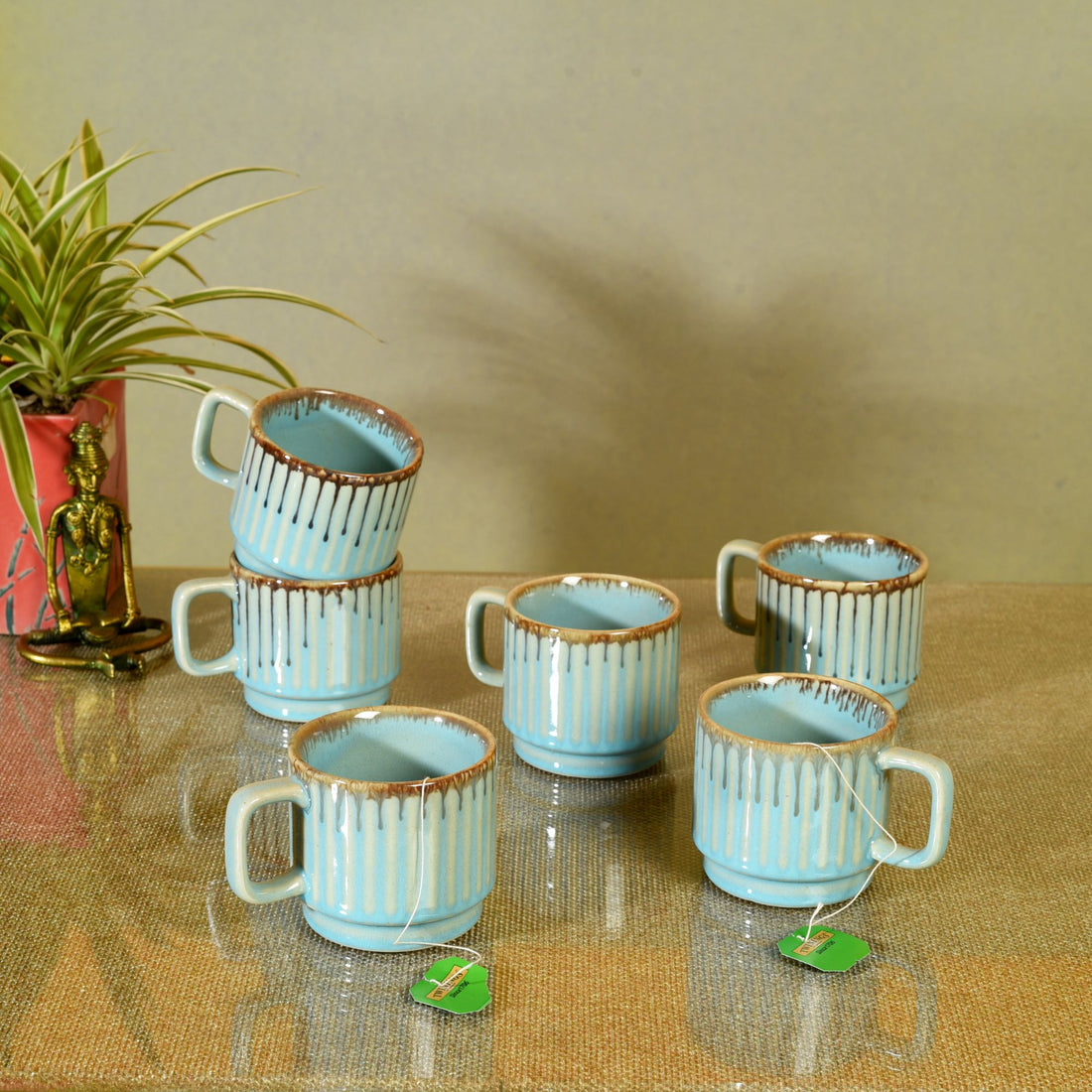 Teal Stripes Tea Cups Set of 6