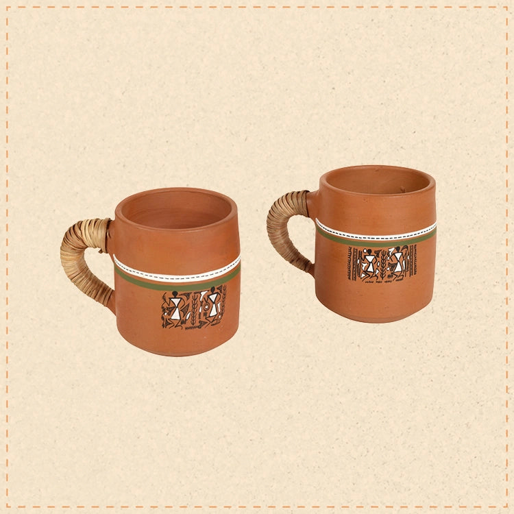 Knosh-2 Earthen Cups with Caned Handle (Set of 2) (4.5x3x3.6)