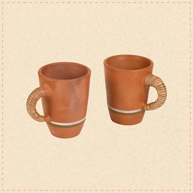 Knosh-5 Earthen Mugs with Caned Handle (Set of 2)