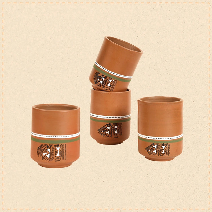 Knosh-C Earthen Mugs with Tribal Motifs (Set of 4)