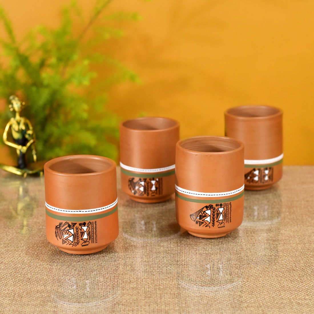 Knosh-C Earthen Mugs with Tribal Motifs (Set of 4)