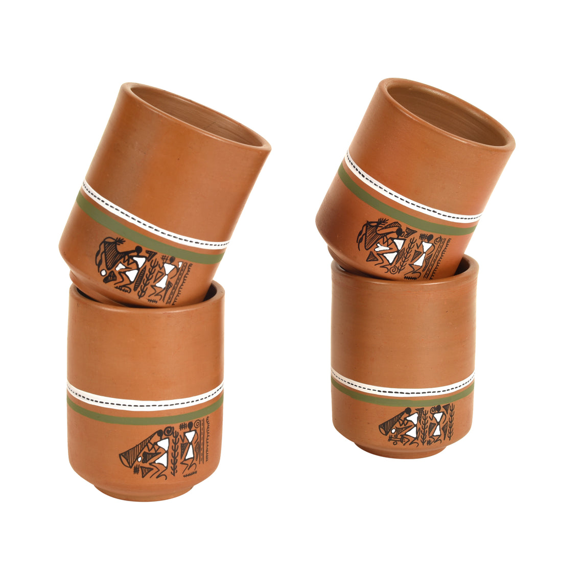 Knosh-C Earthen Mugs with Tribal Motifs (Set of 4)