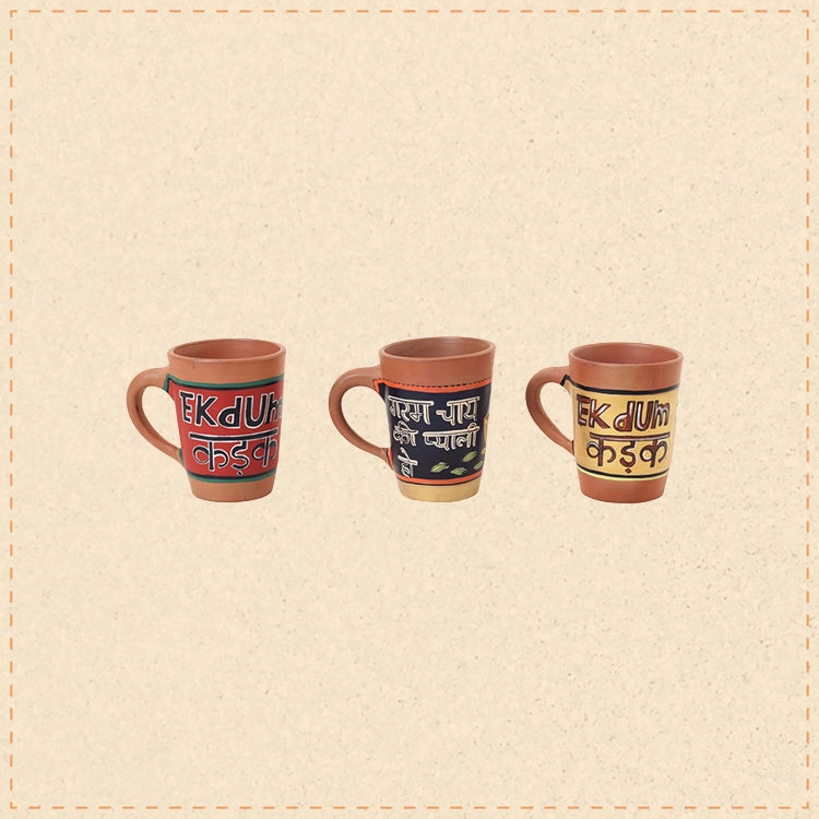 Whimsical Trio Hand-Painted Terracotta Mugs