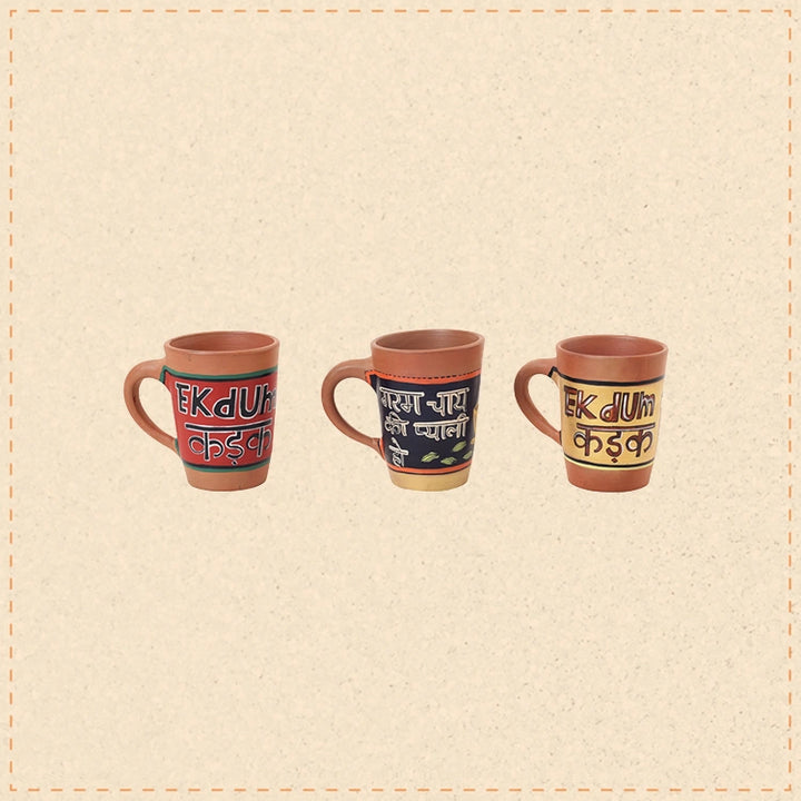 Whimsical Trio Hand-Painted Terracotta Mugs