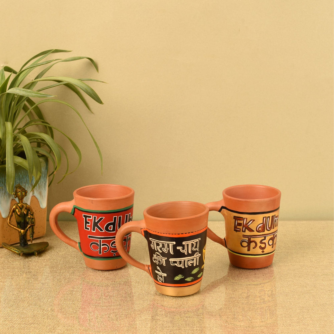 Whimsical Trio Hand-Painted Terracotta Mugs