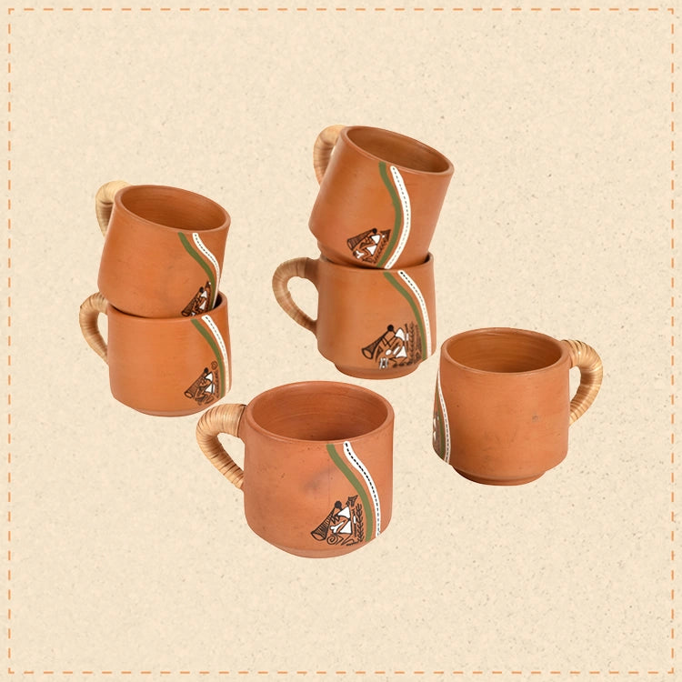 Knosh-J Earthen Cups with Caned Handle (Set of 6)