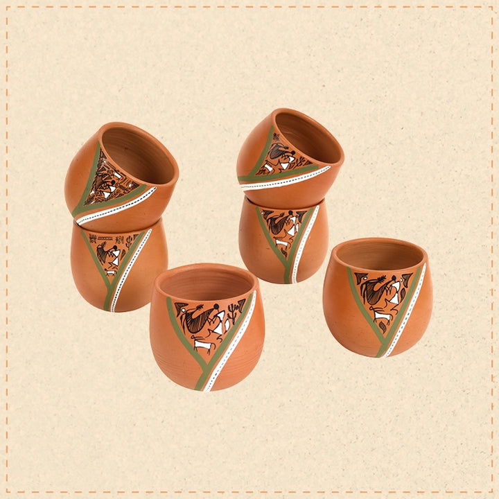 Knosh-K Earthen Kullads with Tribal Motifs (Set of 6)