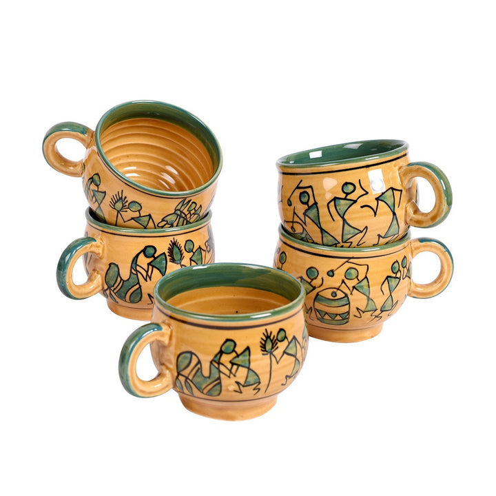 Cup Ceramic Warli Yellow (Set of 6) (4.4x3.1x2.7)