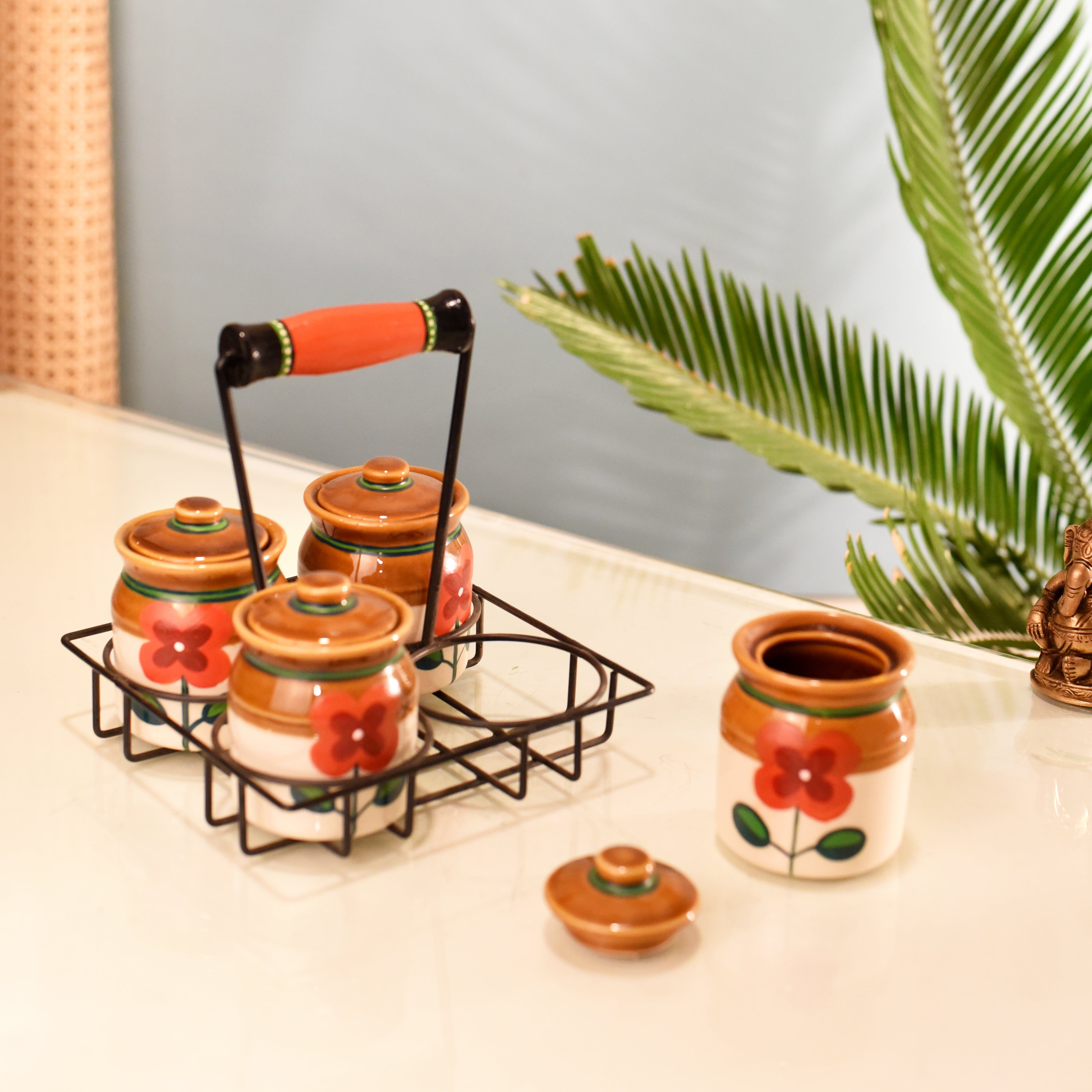 Achaari Baa- 4 Ceramic Jaar Pickle set with sleek balck stand- Set of 4 with stand