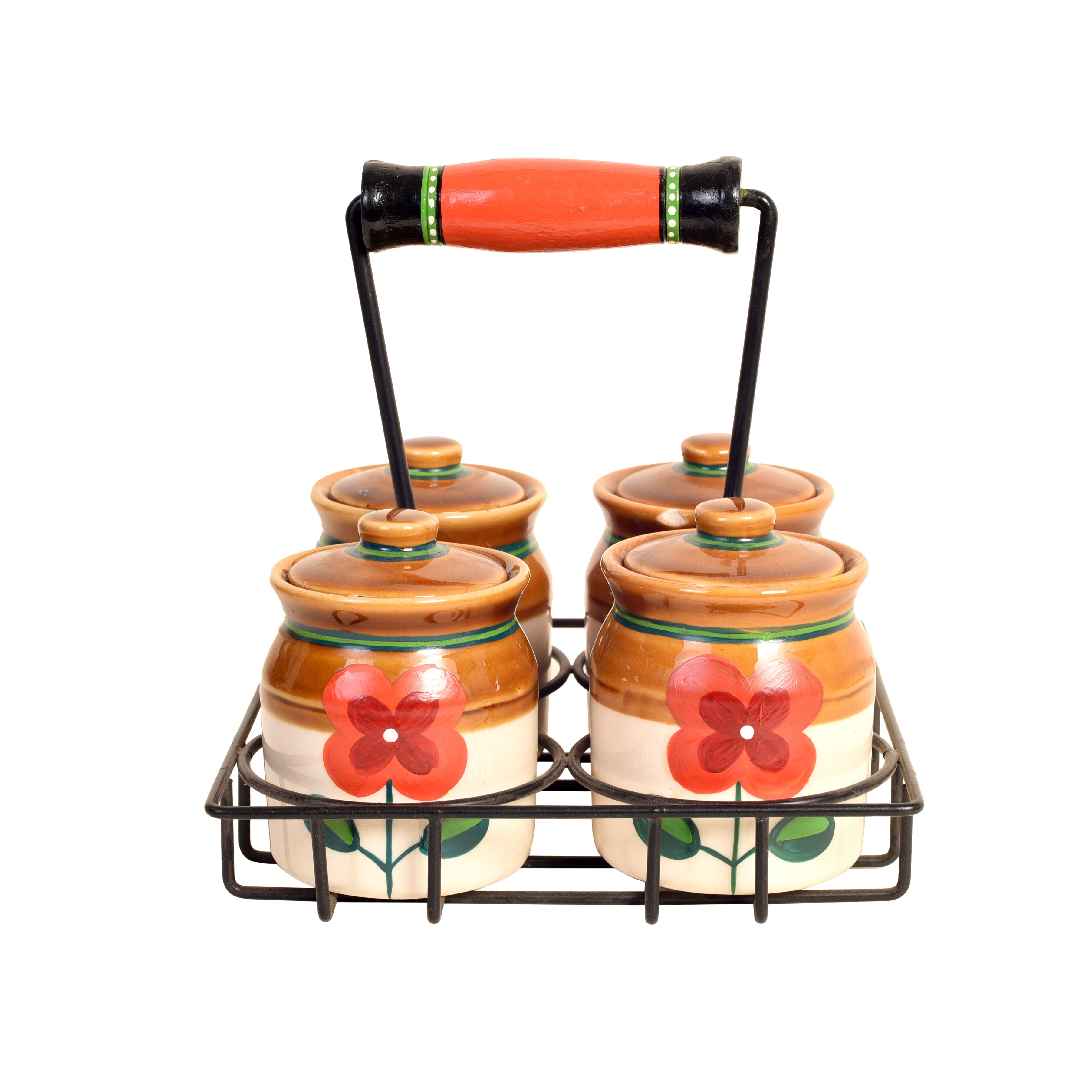 Achaari Baa- 4 Ceramic Jaar Pickle set with sleek balck stand- Set of 4 with stand
