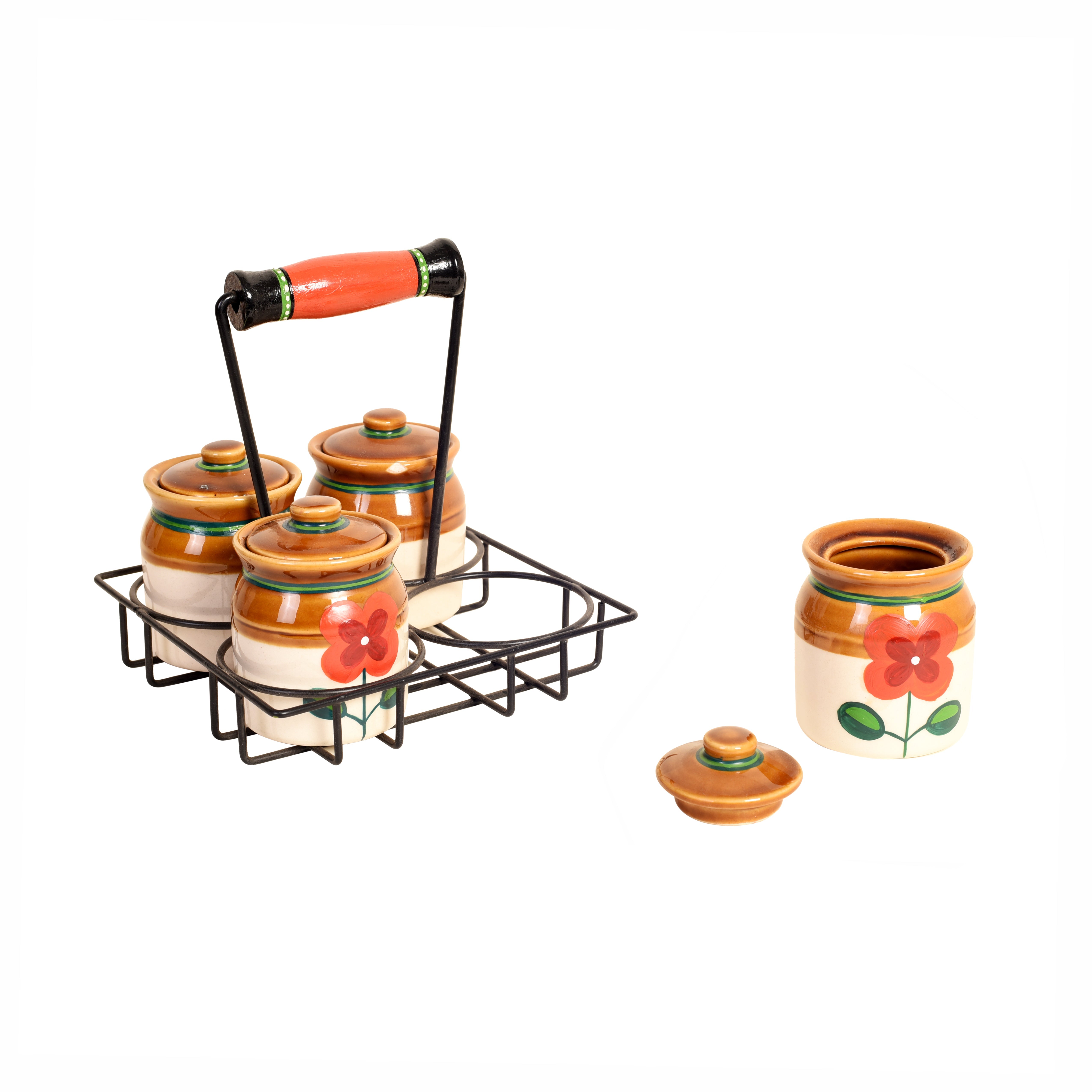 Achaari Baa- 4 Ceramic Jaar Pickle set with sleek balck stand- Set of 4 with stand
