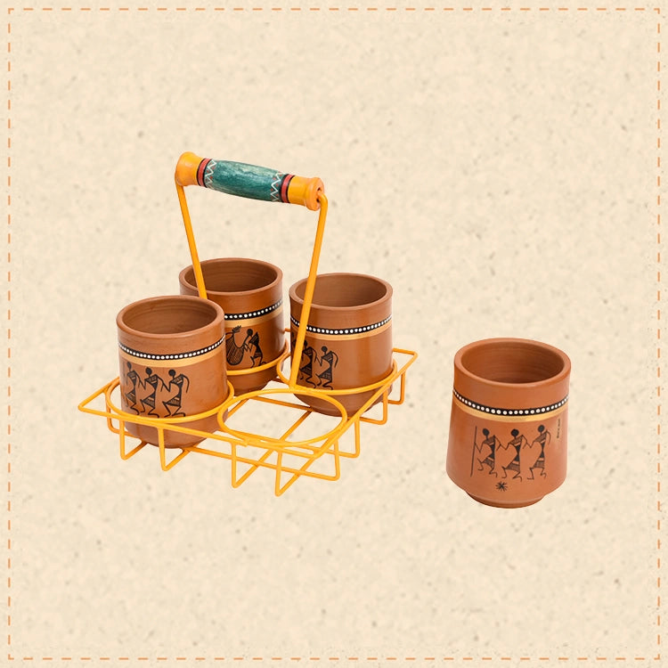 Ram Piyari Kullad Set (SO4) in Yellow Handpainted Metal Stand (6.7x6.7x7.5)