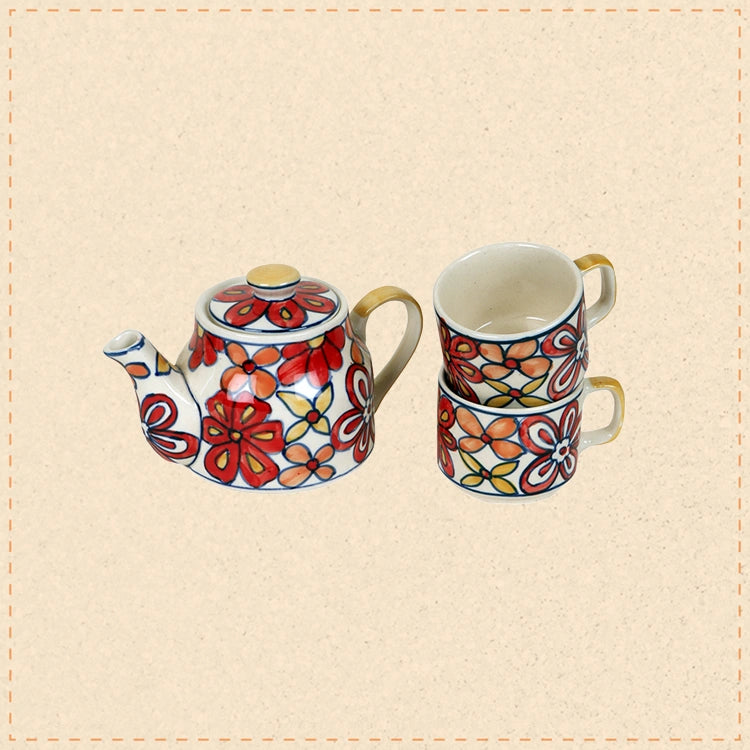 Crimson Flower Tea Kettle And Cups