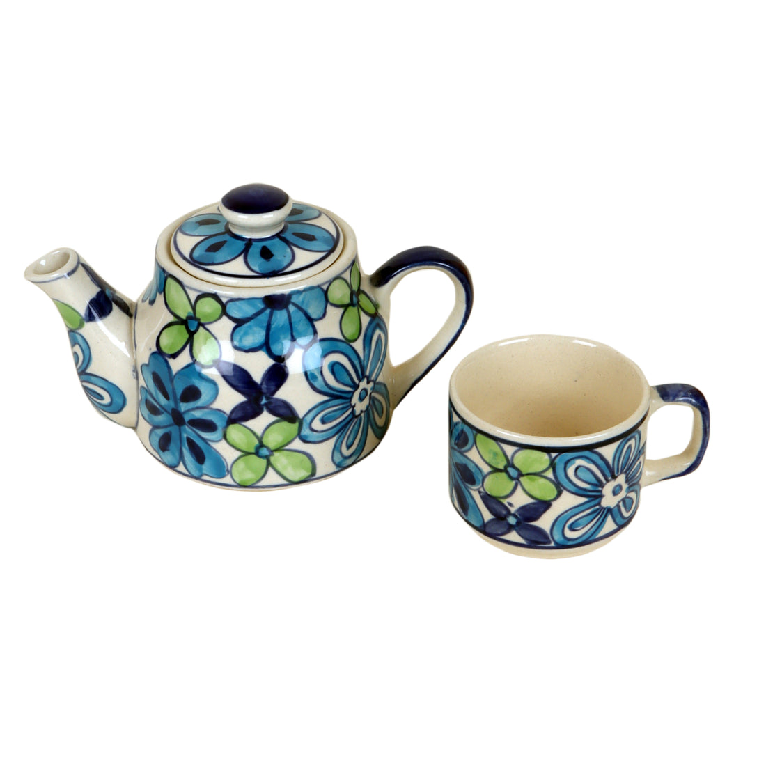 Electric Blue Flower Tea Kettle And Cups