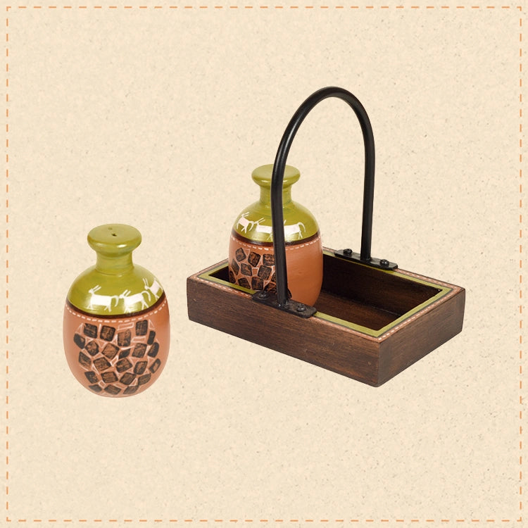 Asmi Earthen Salt n Pepper Shaker in Wood Tray