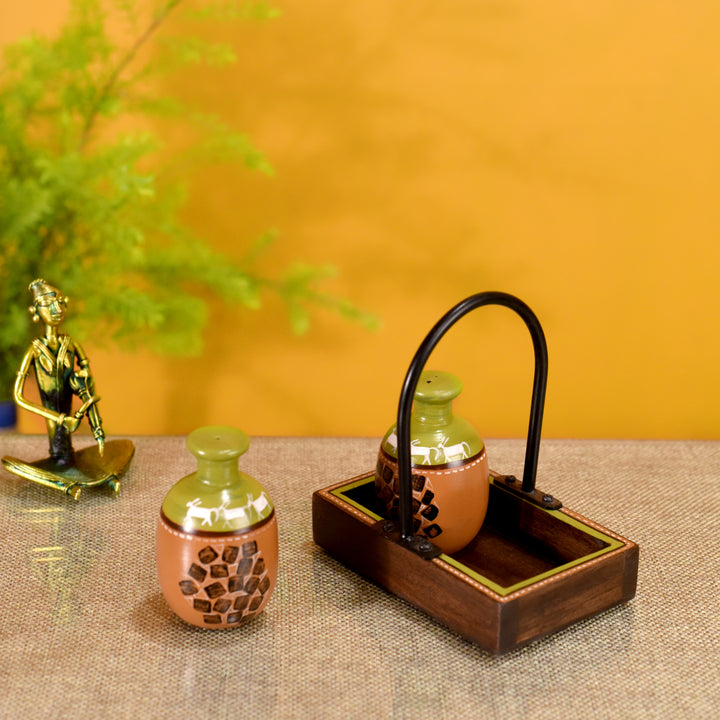 Asmi Earthen Salt n Pepper Shaker in Wood Tray