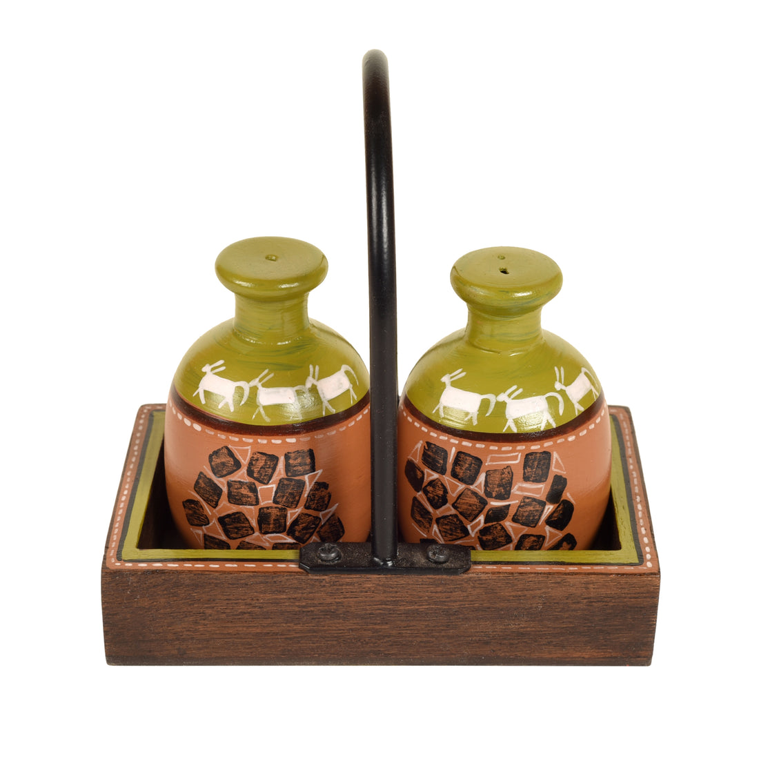 Asmi Earthen Salt n Pepper Shaker in Wood Tray