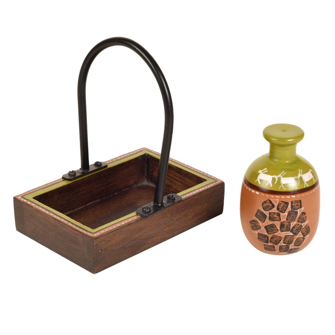 Asmi Earthen Salt n Pepper Shaker in Wood Tray