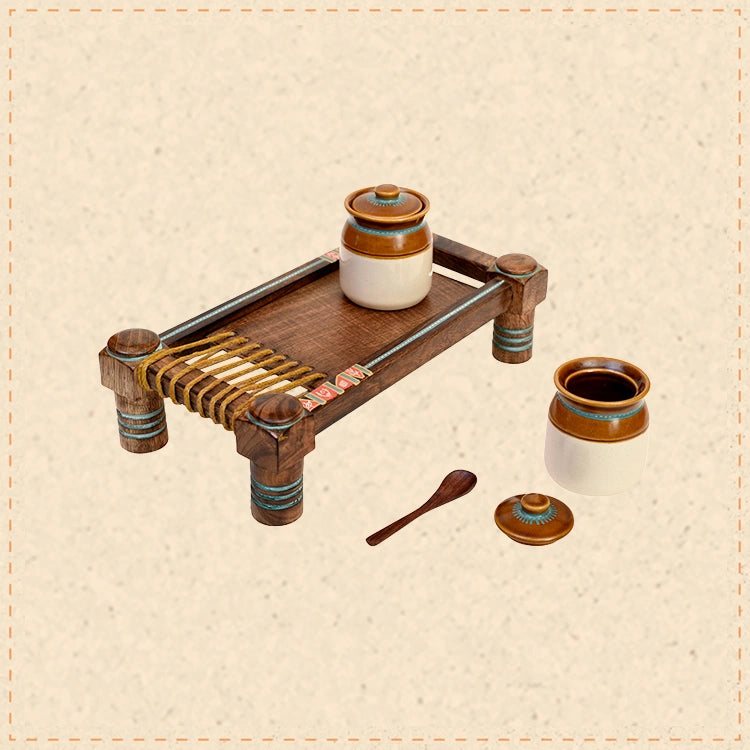 Chatore Barni Set (SO2) placed on Ethnic Charpai Stand (12.5x7x7)