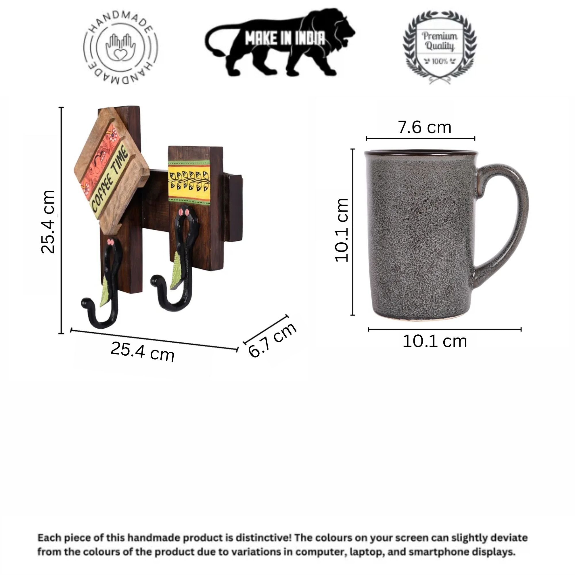 Cup Holder Handcrafted Wall Mounted & 2 Mugs (Set of 3) (10x3x10)
