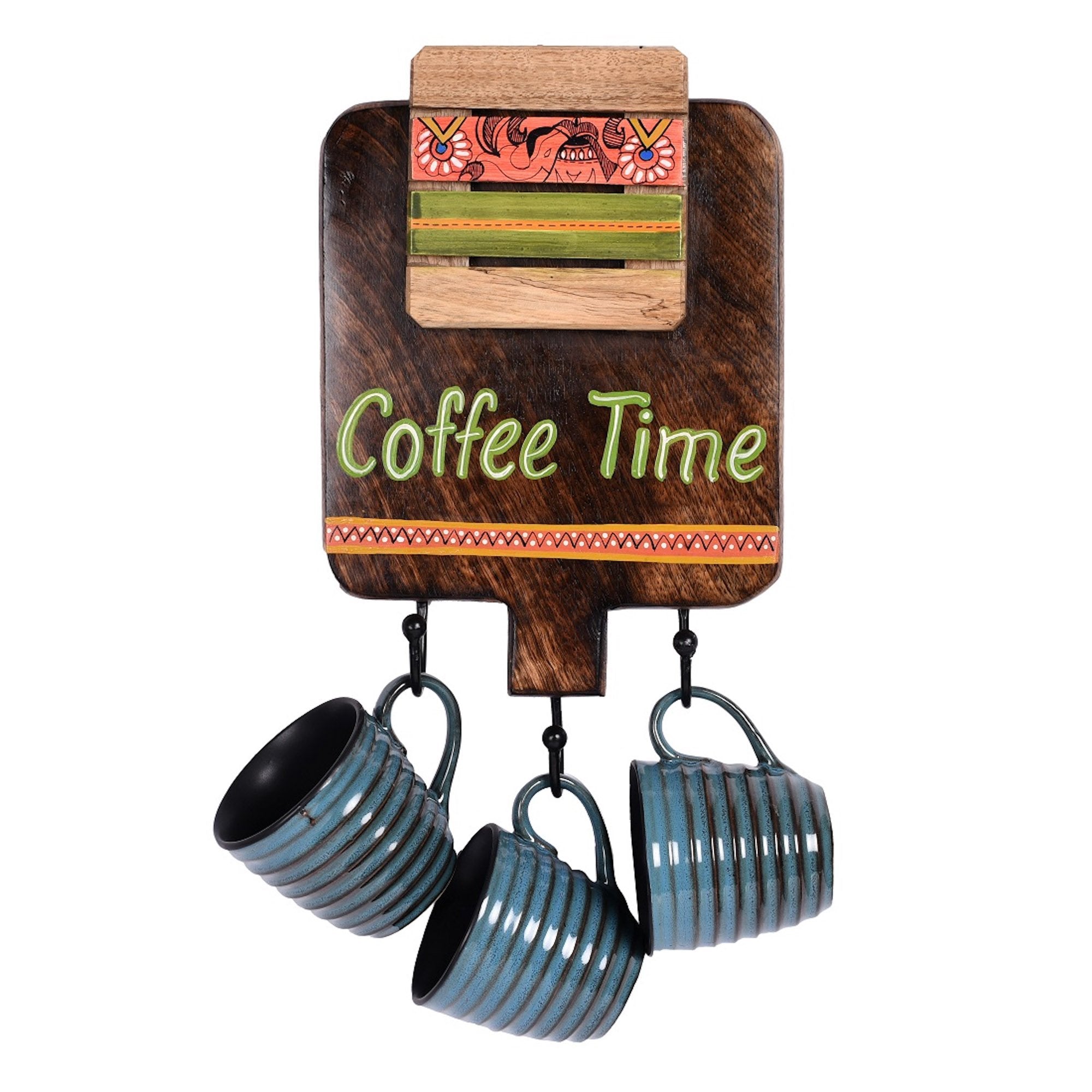 Cup Holder Handcrafted Wall Mounted & 3 Mugs (Set of 4) (7x1.5x11)